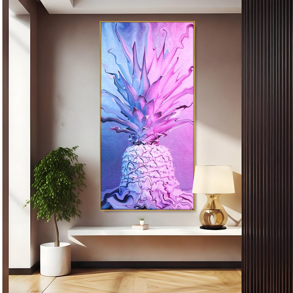 Tablou canvas cu tablou canvas cu ananas neon, in rama de aluminiu auriu