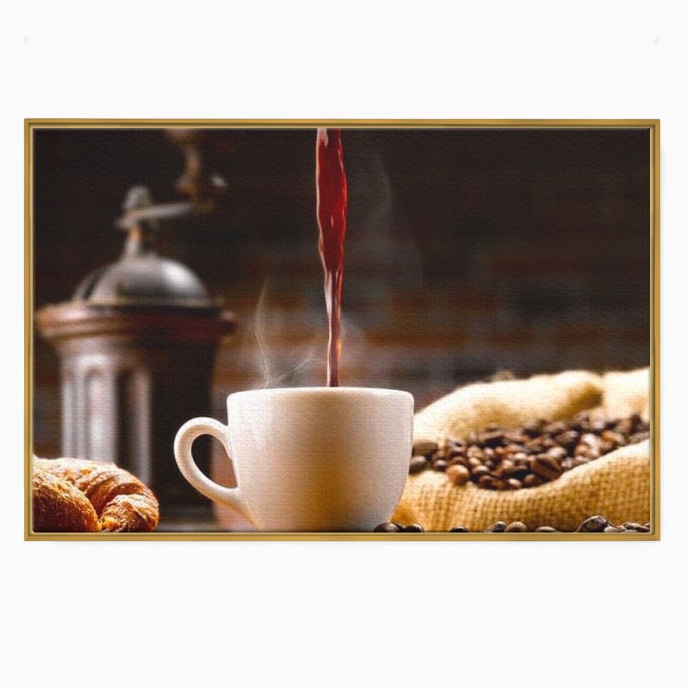 Tablou canvas cu tablou canvas cu ceasca de cafea si boabe, in rama de aluminiu auriu