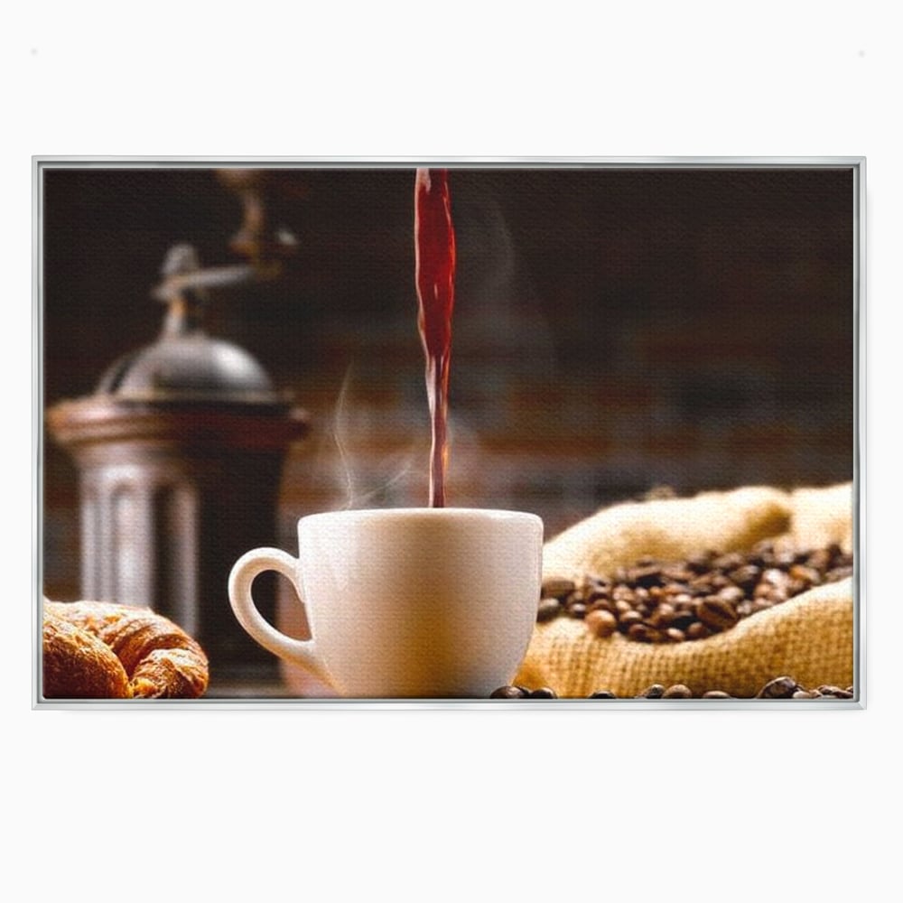 Tablou canvas cu tablou canvas cu ceasca de cafea si boabe, in rama de aluminiu argintiu