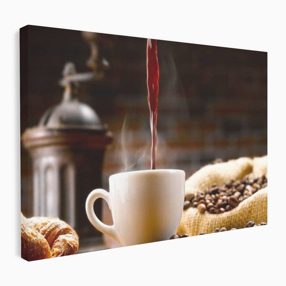 Tablou canvas cu tablou canvas cu ceasca de cafea si boabe, fara rama, pe sasiu de lemn
