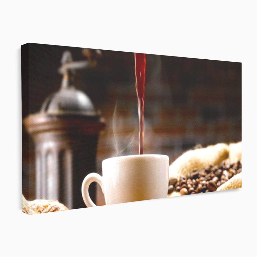 Tablou canvas cu tablou canvas cu ceasca de cafea si boabe, fara rama, pe sasiu de lemn