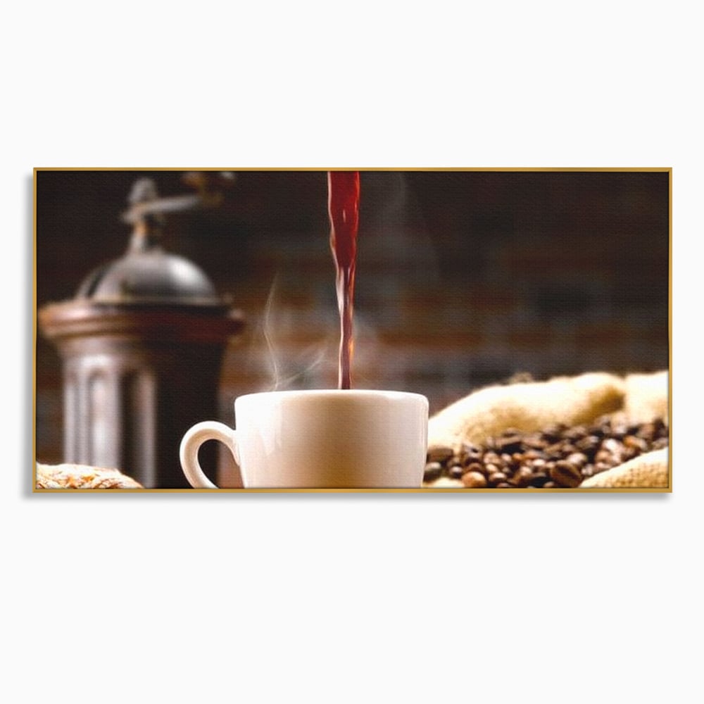 Tablou canvas cu tablou canvas cu ceasca de cafea si boabe, in rama de aluminiu auriu