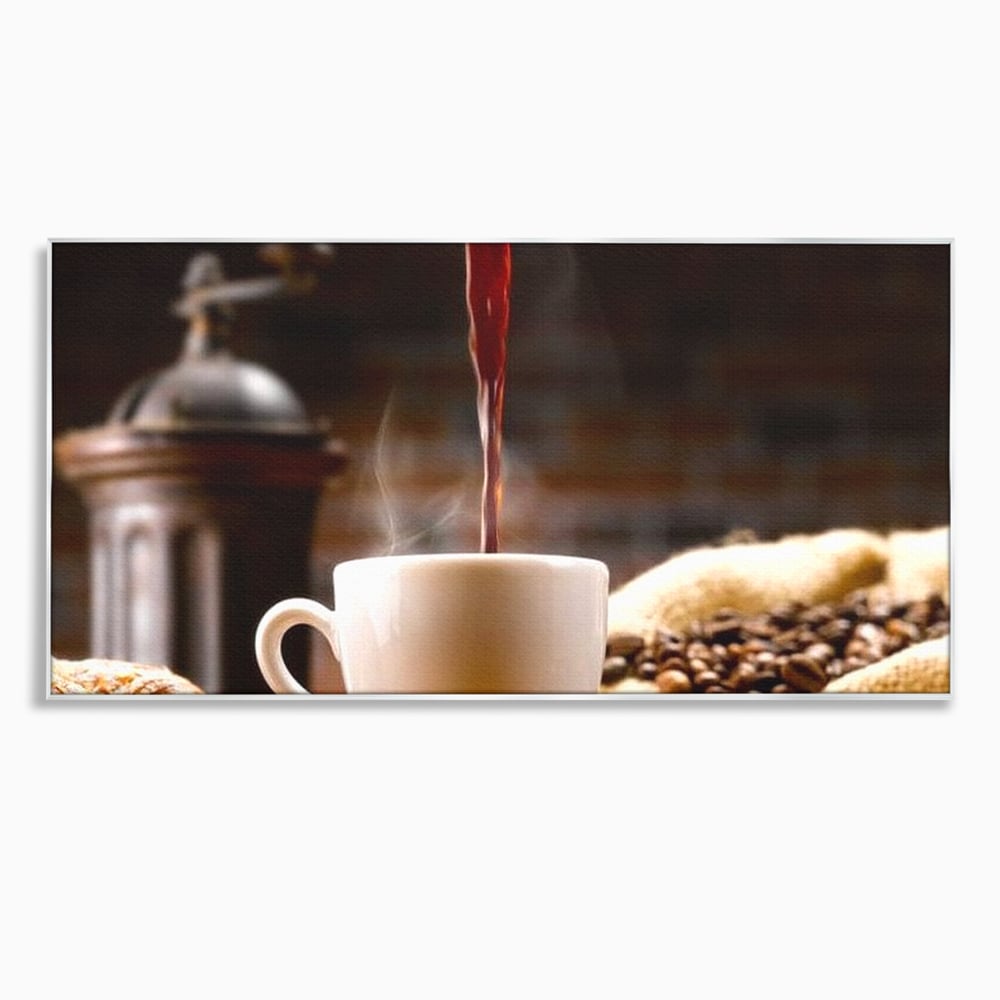Tablou canvas cu tablou canvas cu ceasca de cafea si boabe, in rama de aluminiu argintiu