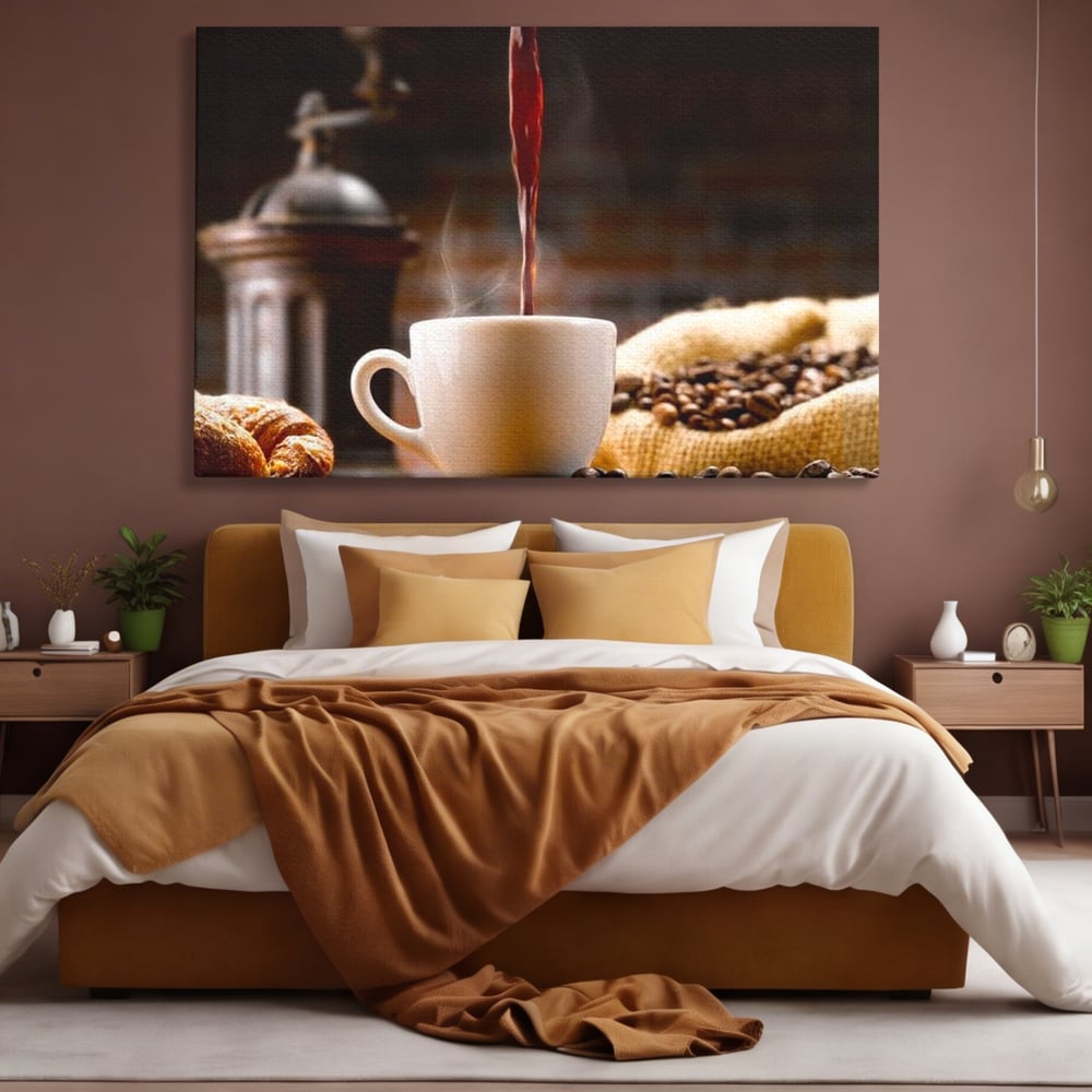 Tablou canvas cu tablou canvas cu ceasca de cafea si boabe, fara rama, pe sasiu de lemn, pe perete intr-un dormitor