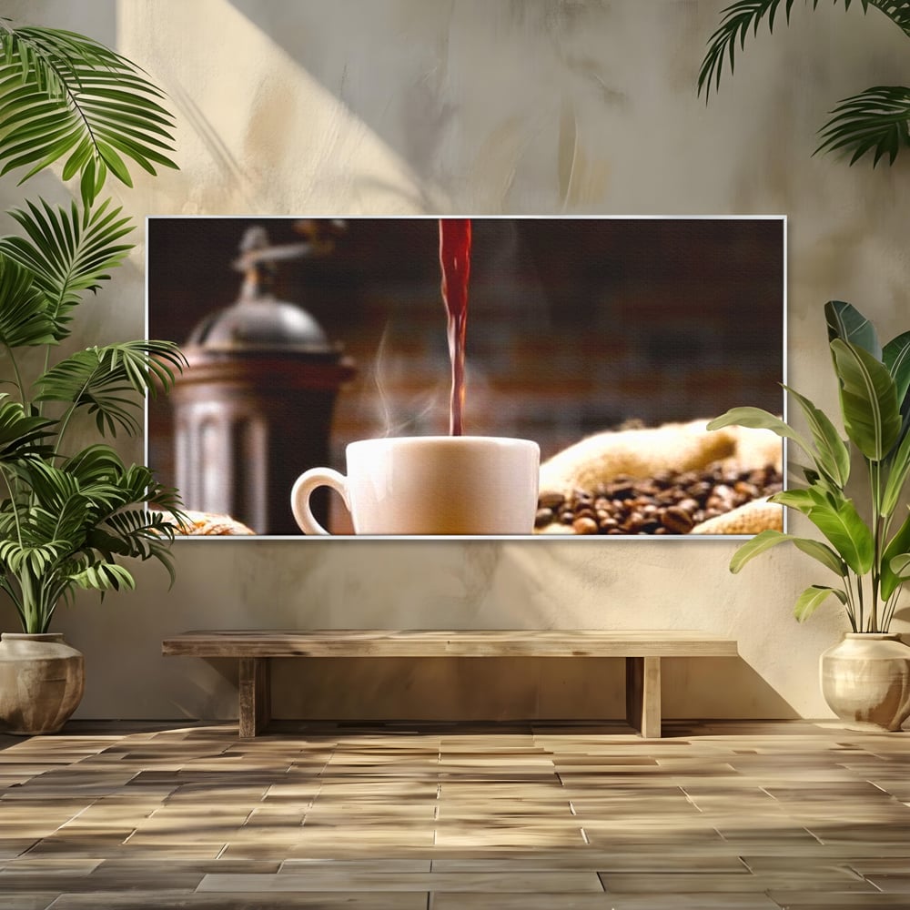 Tablou canvas cu tablou canvas cu ceasca de cafea si boabe, in rama de aluminiu argintiu