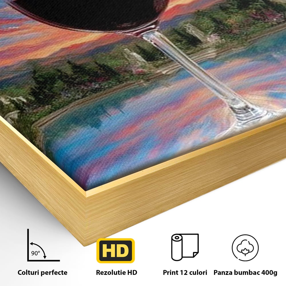 Detaliu al suprafetei: tablou canvas cu pahar de vin si apus, in rama de aluminiu auriu