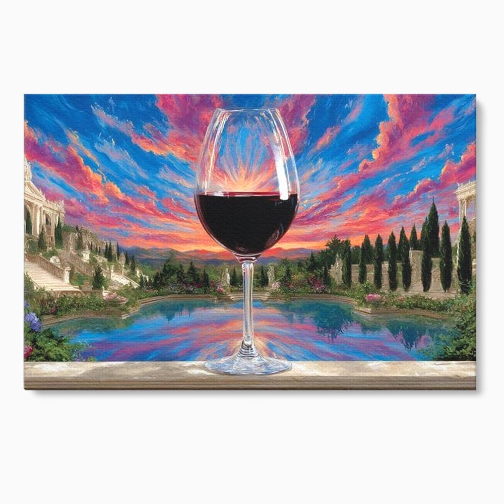 Tablou canvas cu tablou canvas cu pahar de vin si apus, fara rama, pe sasiu de lemn