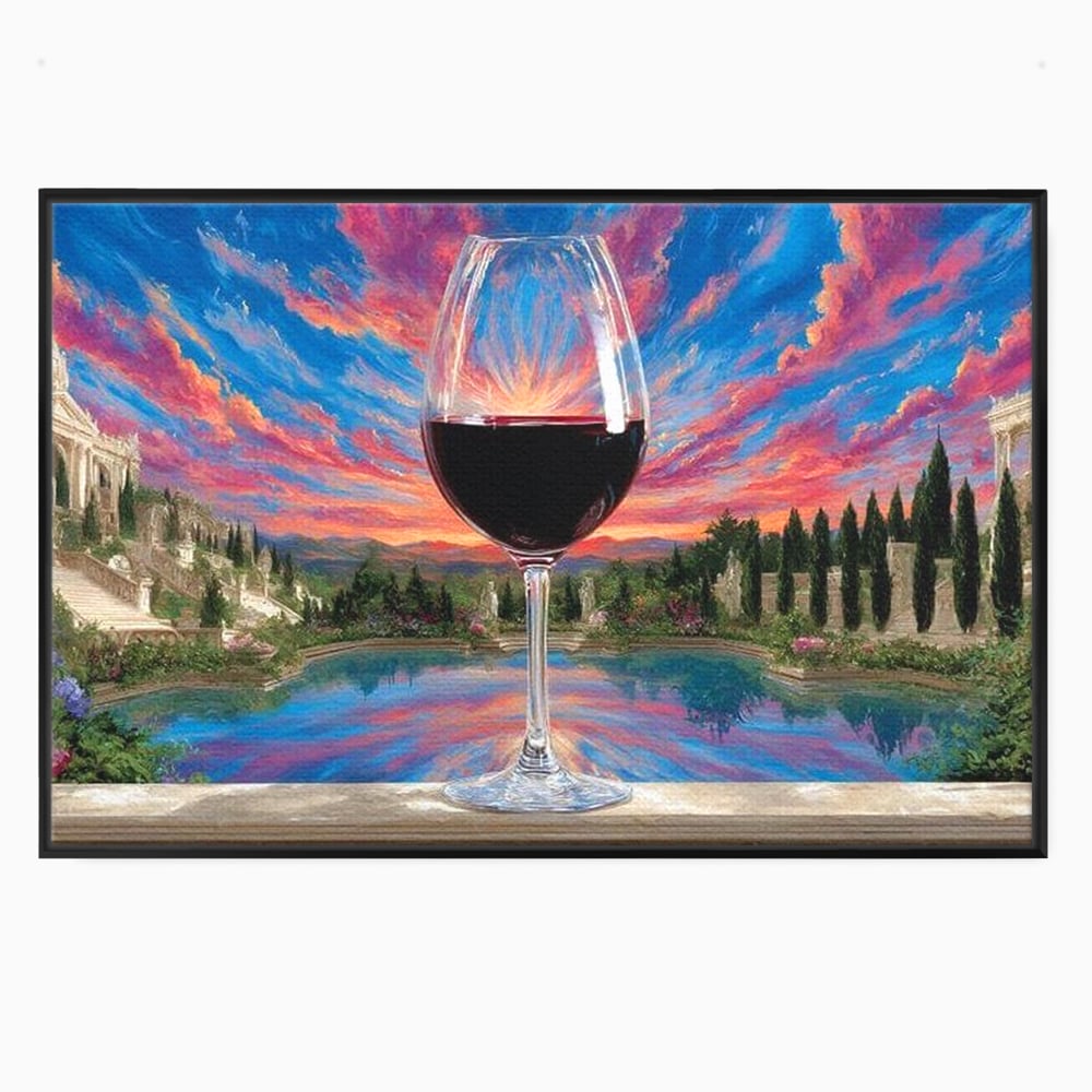 Tablou canvas cu tablou canvas cu pahar de vin si apus, in rama de aluminiu negru