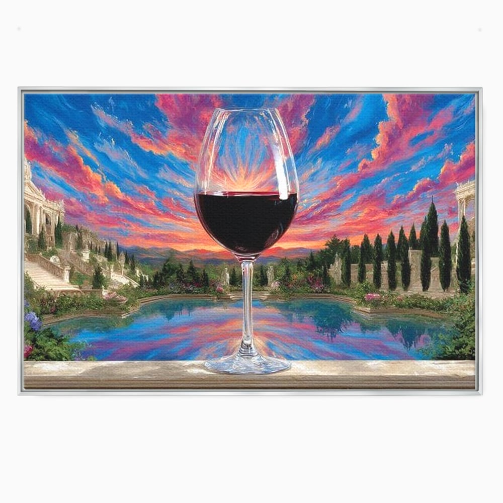 Tablou canvas cu tablou canvas cu pahar de vin si apus, in rama de aluminiu argintiu