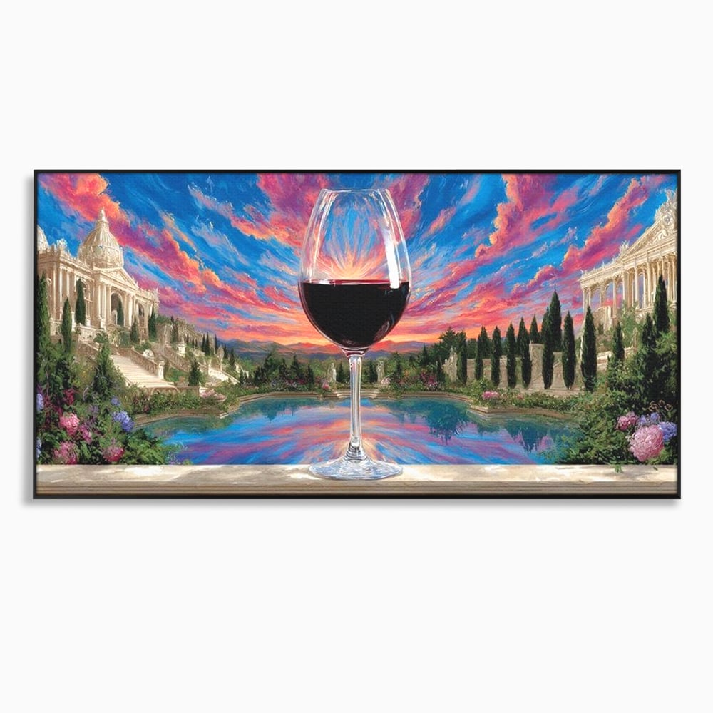 Tablou canvas cu tablou canvas cu pahar de vin si apus, in rama de aluminiu negru