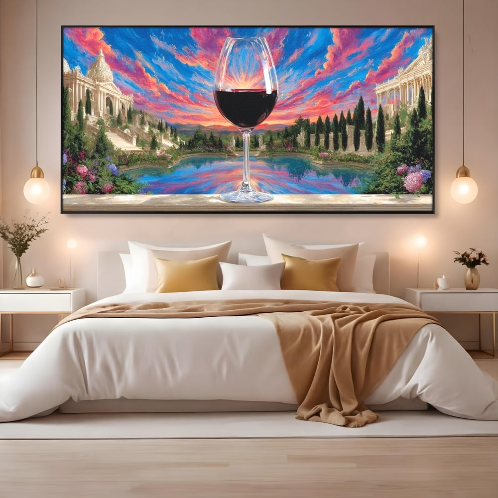 Tablou canvas cu tablou canvas cu pahar de vin si apus, in rama de aluminiu negru, pe perete intr-un dormitor