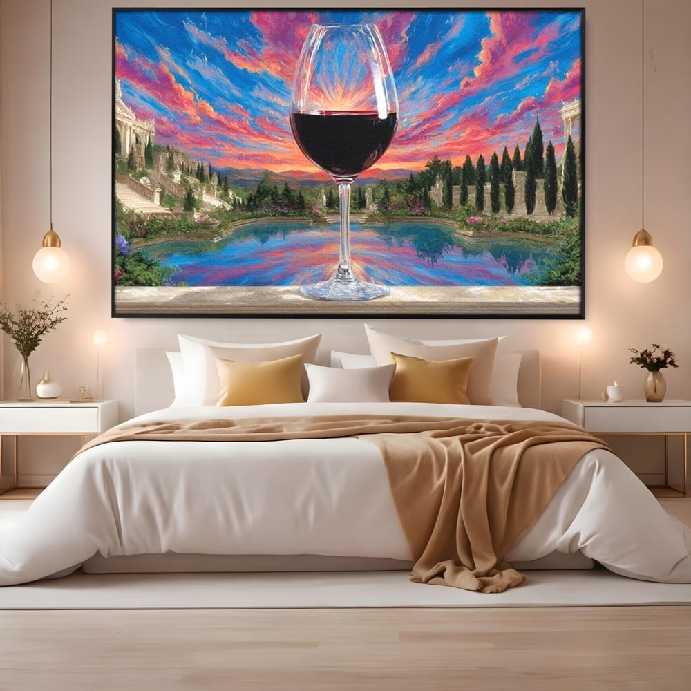 Tablou canvas cu tablou canvas cu pahar de vin si apus, in rama de aluminiu negru, pe perete intr-un dormitor