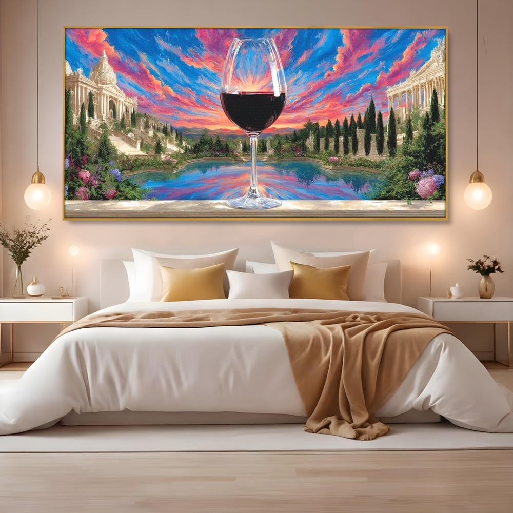 Tablou canvas cu tablou canvas cu pahar de vin si apus, in rama de aluminiu auriu, pe perete intr-un dormitor