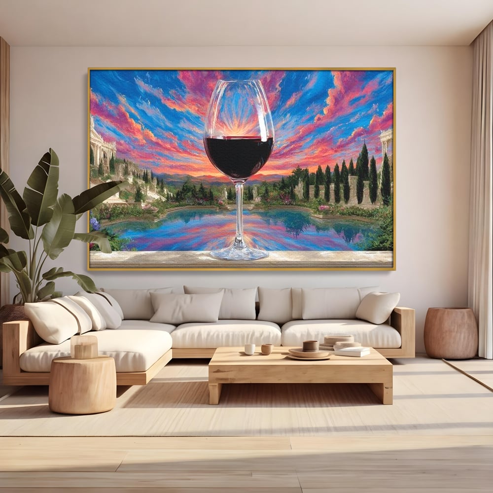 Tablou canvas cu tablou canvas cu pahar de vin si apus, in rama de aluminiu auriu, pe perete intr-un living