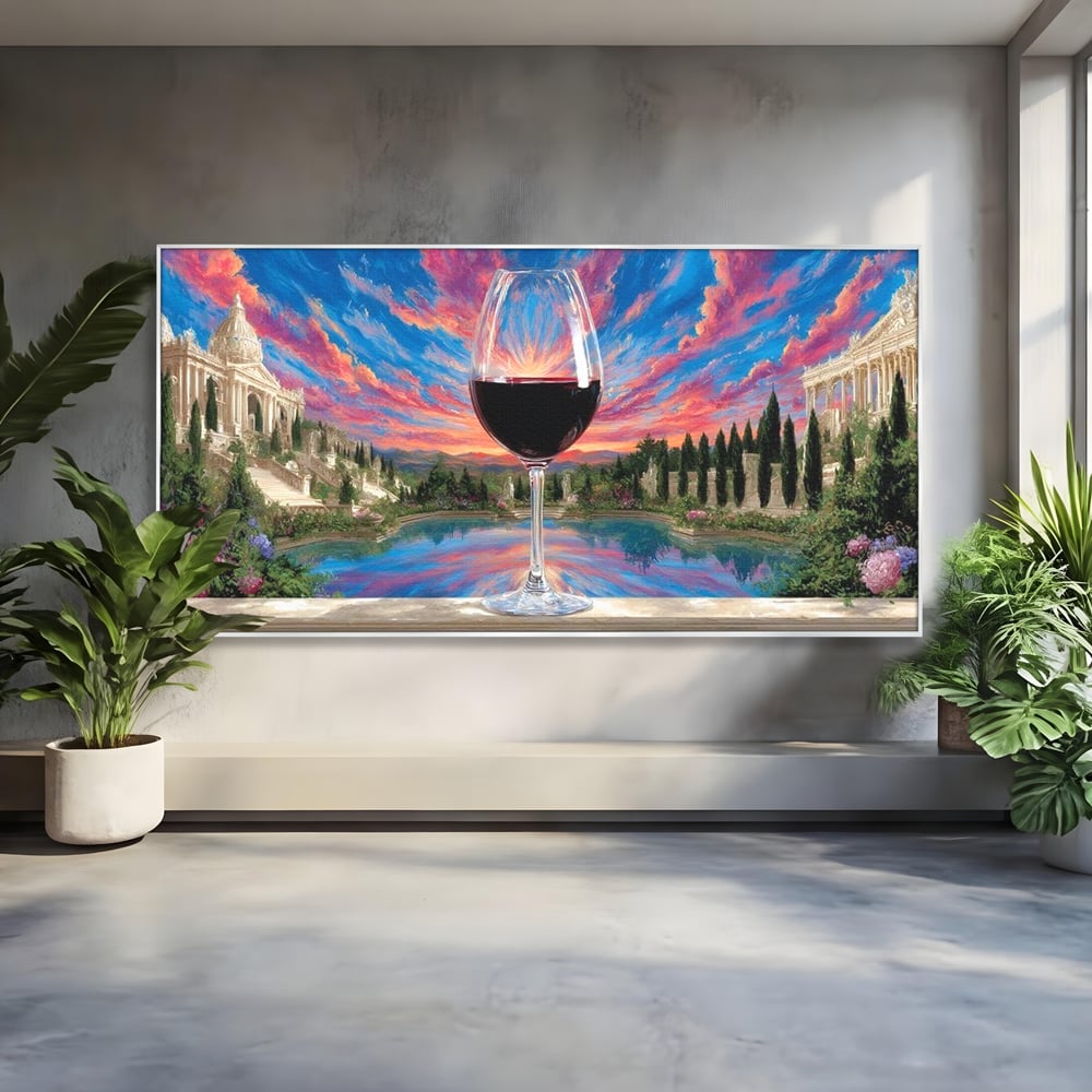 Tablou canvas cu tablou canvas cu pahar de vin si apus, in rama de aluminiu argintiu