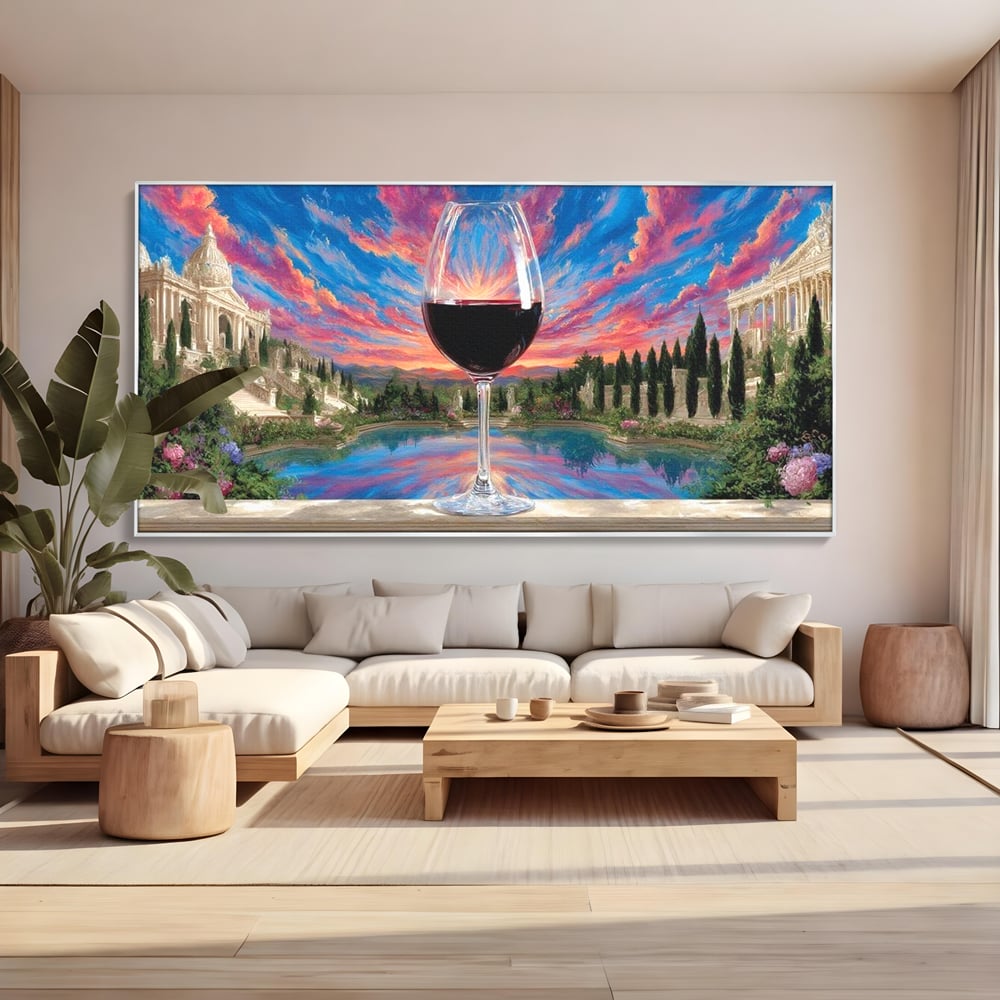 Tablou canvas cu tablou canvas cu pahar de vin si apus, in rama de aluminiu argintiu, pe perete intr-un living