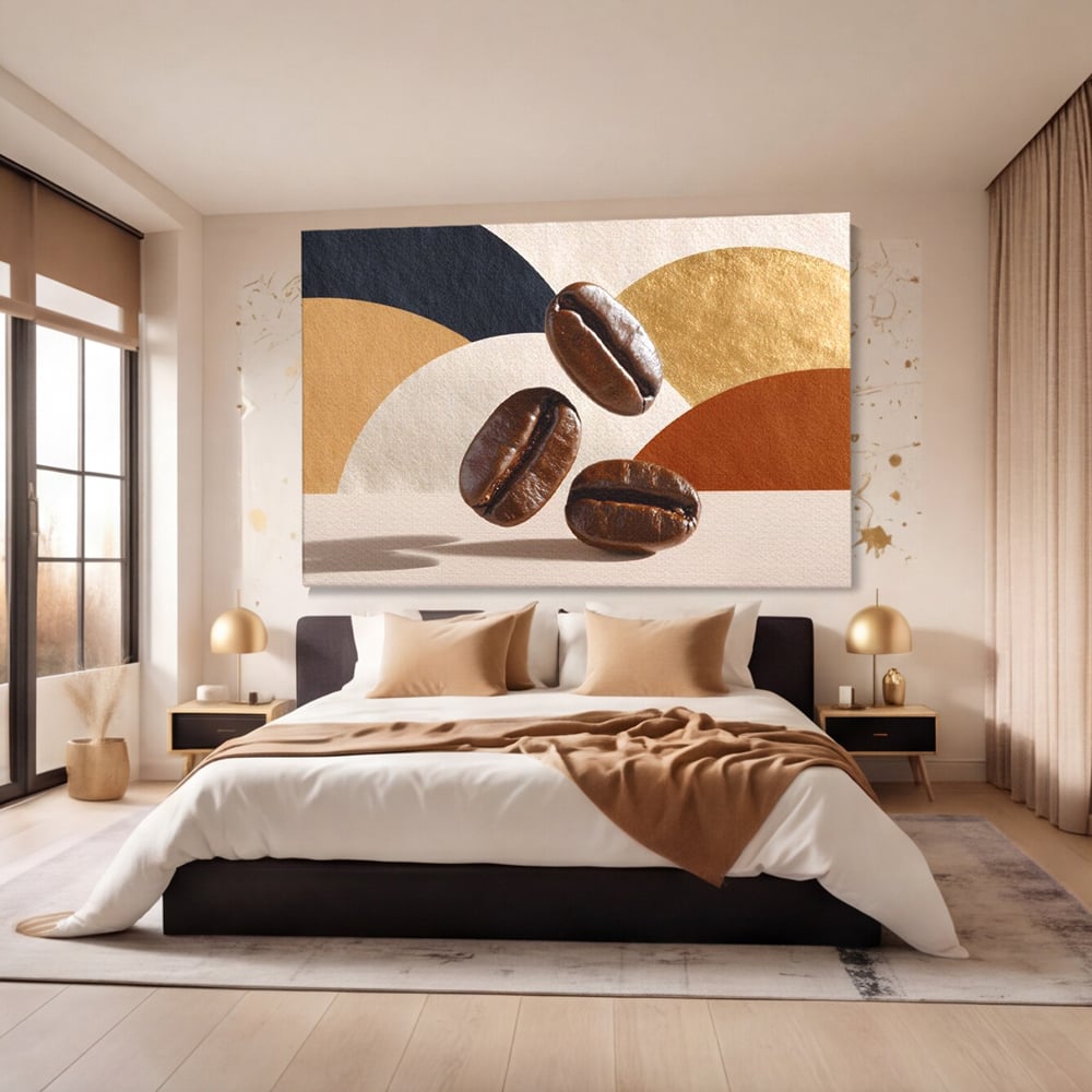 Tablou canvas cu tablou canvas cu boabe de cafea, fara rama, pe sasiu de lemn, pe perete intr-un dormitor