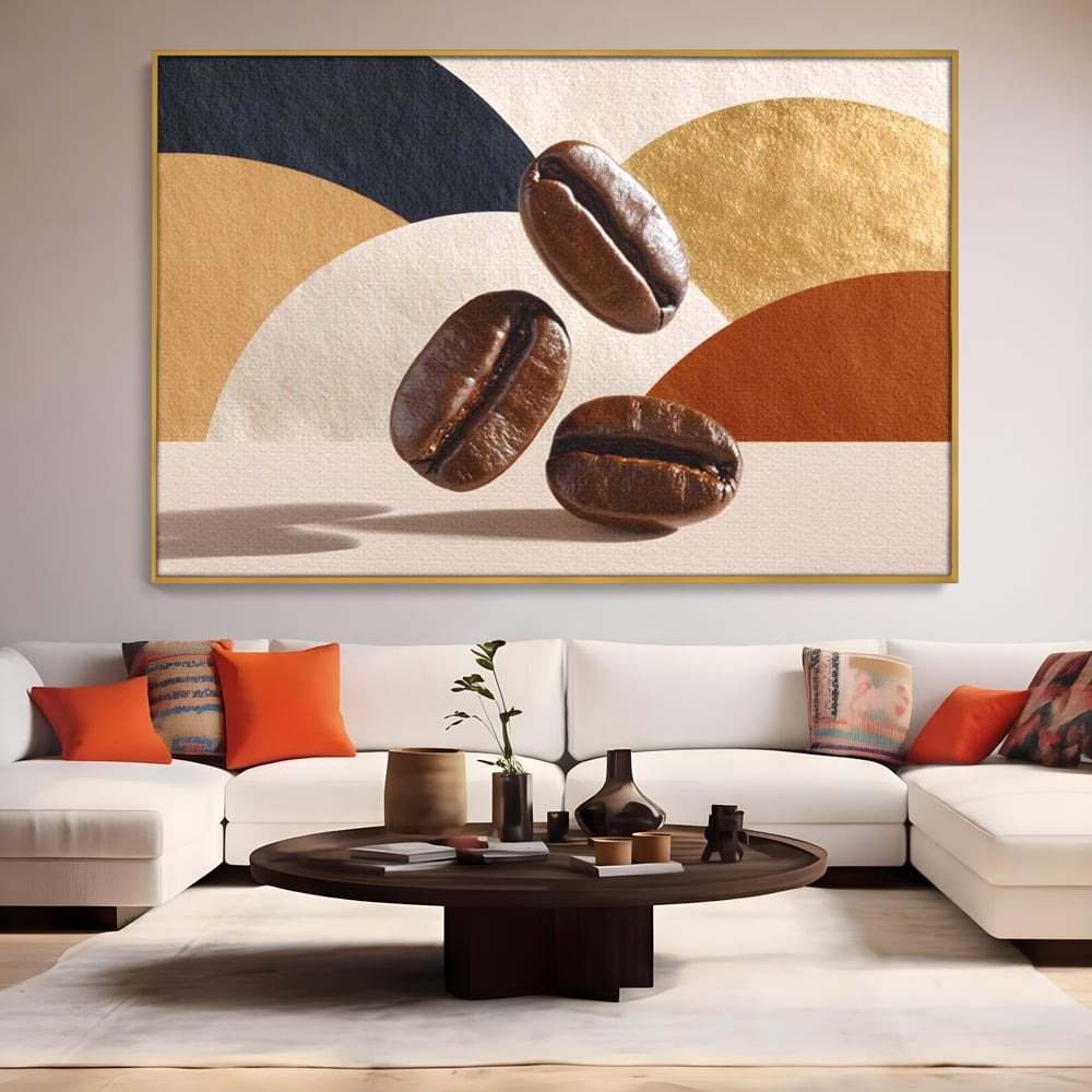 Tablou canvas cu tablou canvas cu boabe de cafea, in rama de aluminiu auriu, pe perete intr-un living