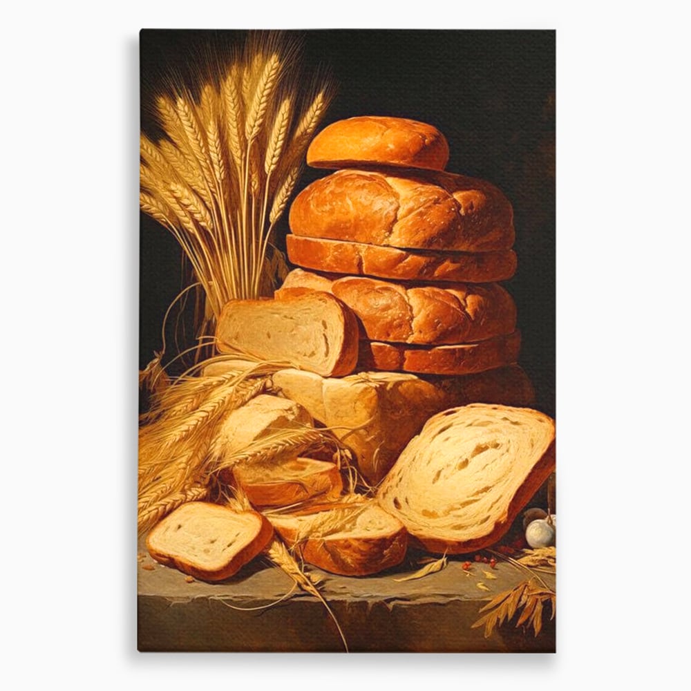 Tablou canvas cu natura moarta cu paine si grau, fara rama, pe sasiu de lemn