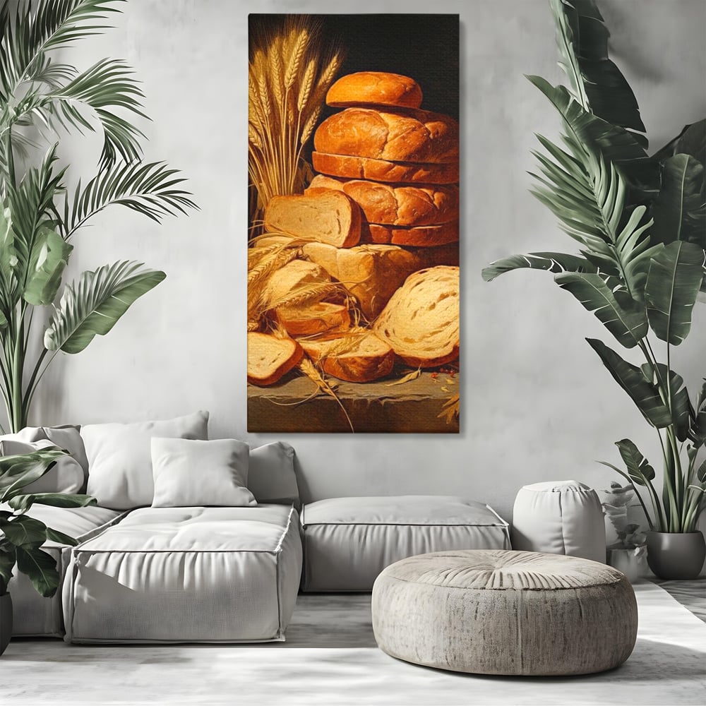 Tablou canvas cu natura moarta cu paine si grau, fara rama, pe sasiu de lemn, pe perete intr-un living