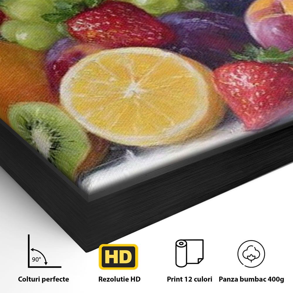 Detaliu al suprafetei: pictura cu cos de fructe, in rama de aluminiu negru