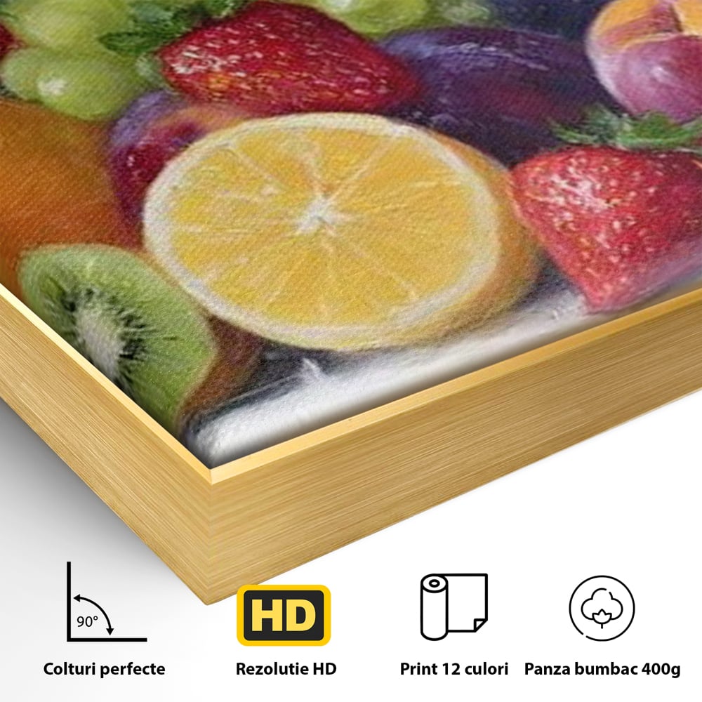 Detaliu al suprafetei: pictura cu cos de fructe, in rama de aluminiu auriu