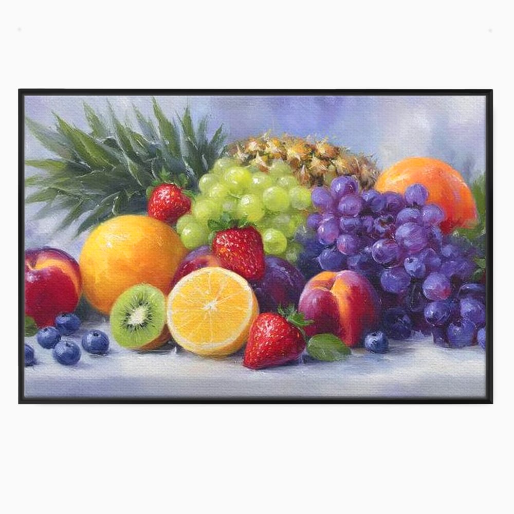 Tablou canvas cu pictura cu cos de fructe, in rama de aluminiu negru
