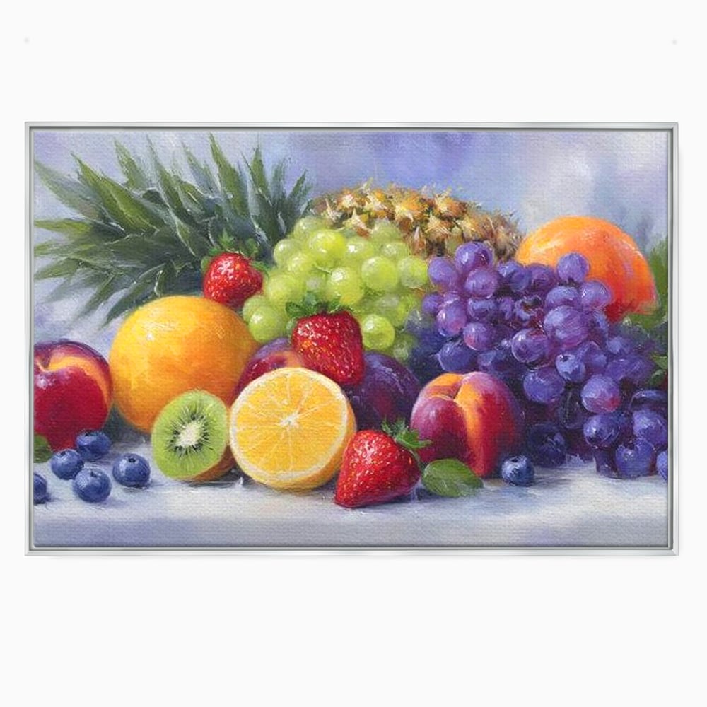 Tablou canvas cu pictura cu cos de fructe, in rama de aluminiu argintiu