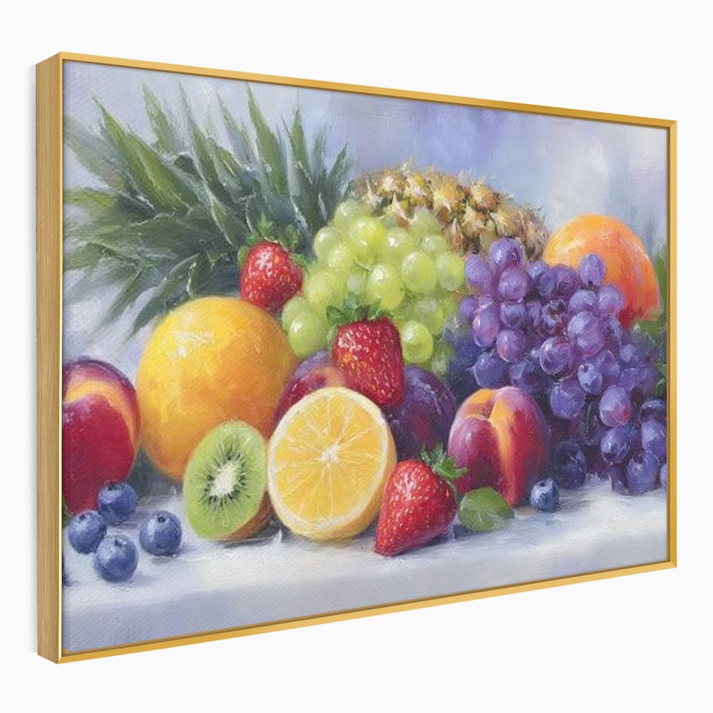 Tablou canvas cu pictura cu cos de fructe, in rama de aluminiu auriu