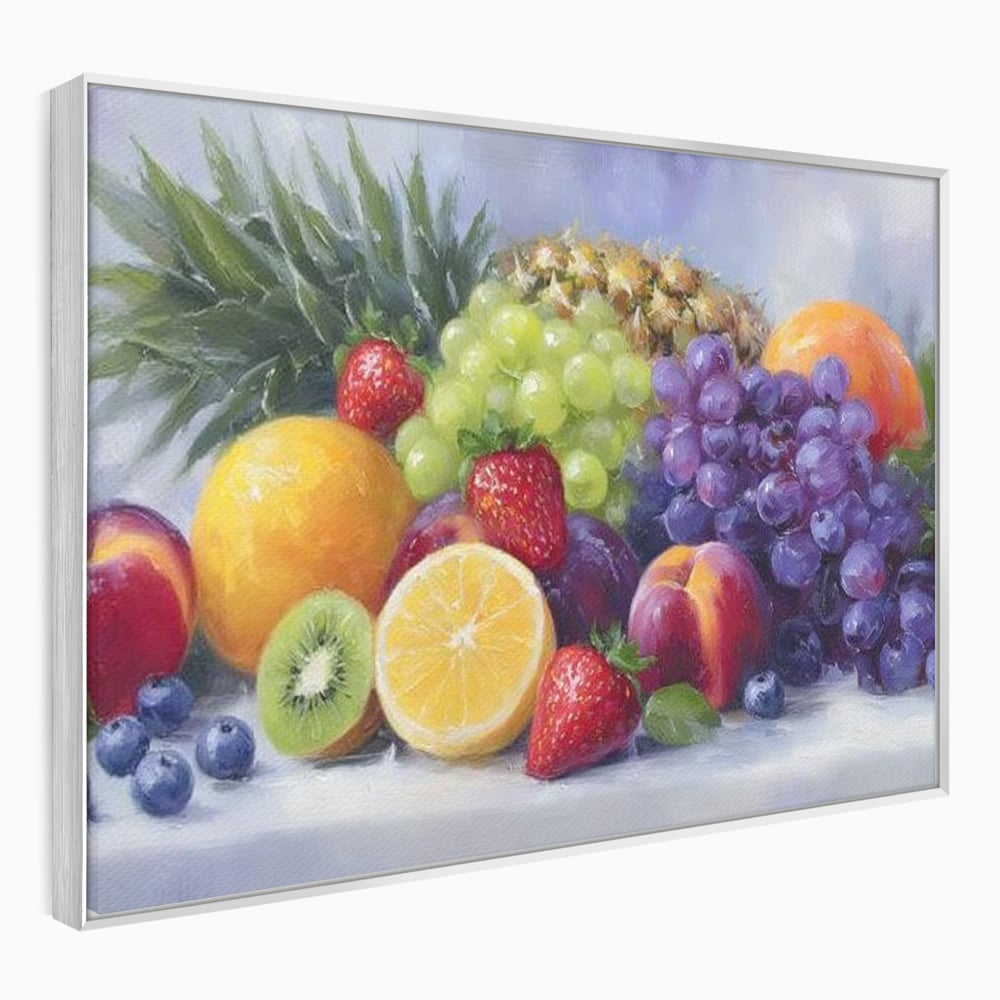 Tablou canvas cu pictura cu cos de fructe, in rama de aluminiu argintiu