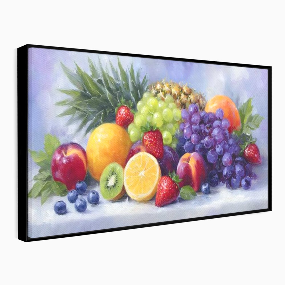 Tablou canvas cu pictura cu cos de fructe, in rama de aluminiu negru