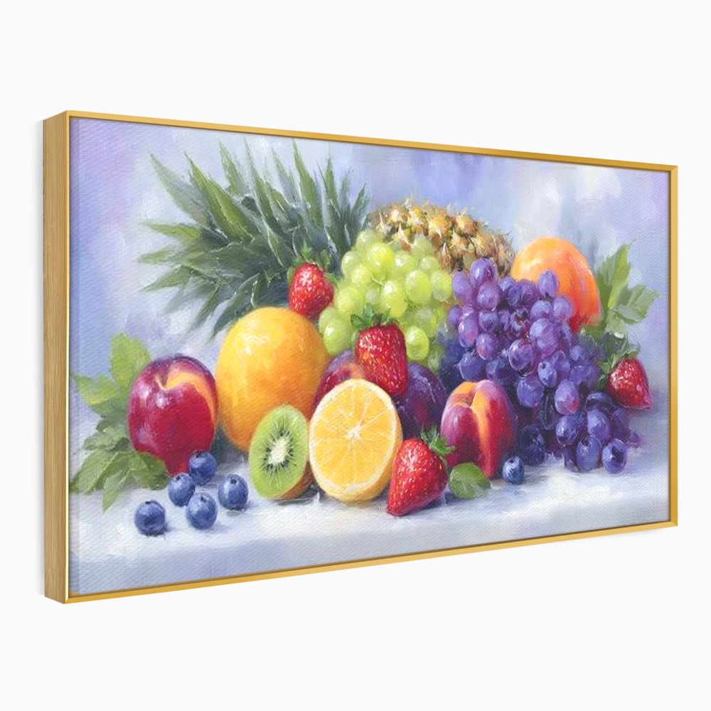 Tablou canvas cu pictura cu cos de fructe, in rama de aluminiu auriu