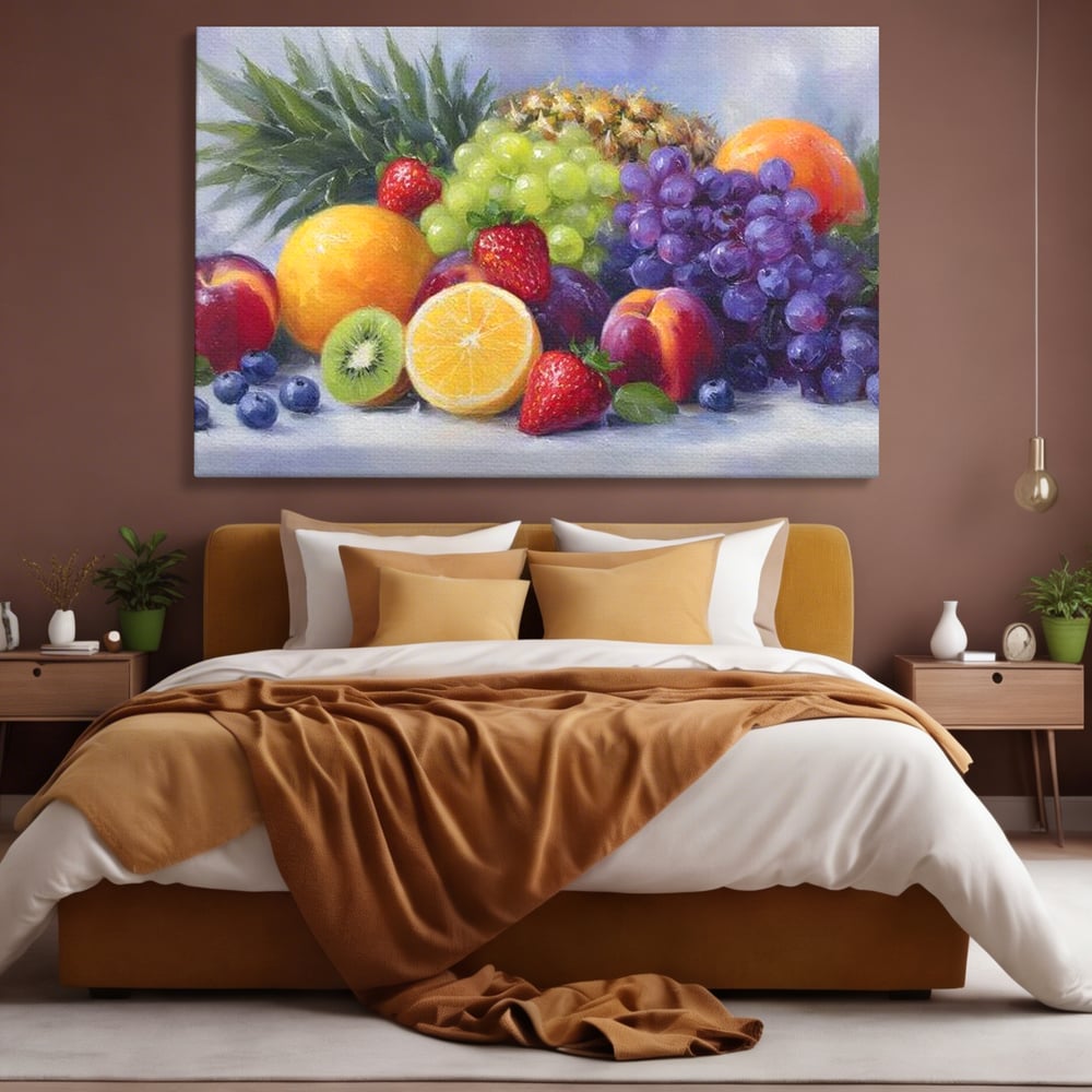 Tablou canvas cu pictura cu cos de fructe, fara rama, pe sasiu de lemn, pe perete intr-un dormitor