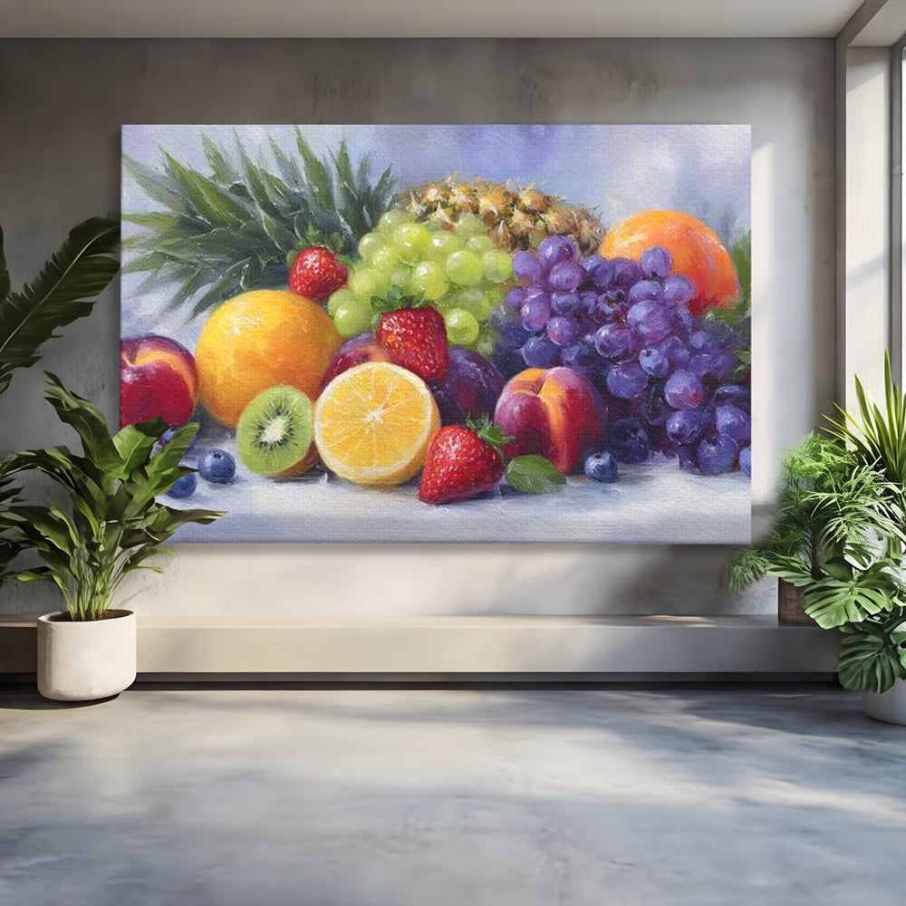 Tablou canvas cu pictura cu cos de fructe, fara rama, pe sasiu de lemn