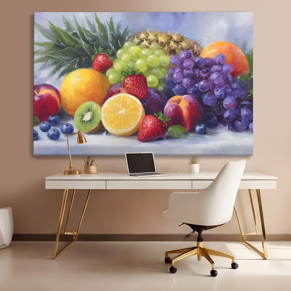 Tablou canvas cu pictura cu cos de fructe, fara rama, pe sasiu de lemn, pe perete intr-un birou