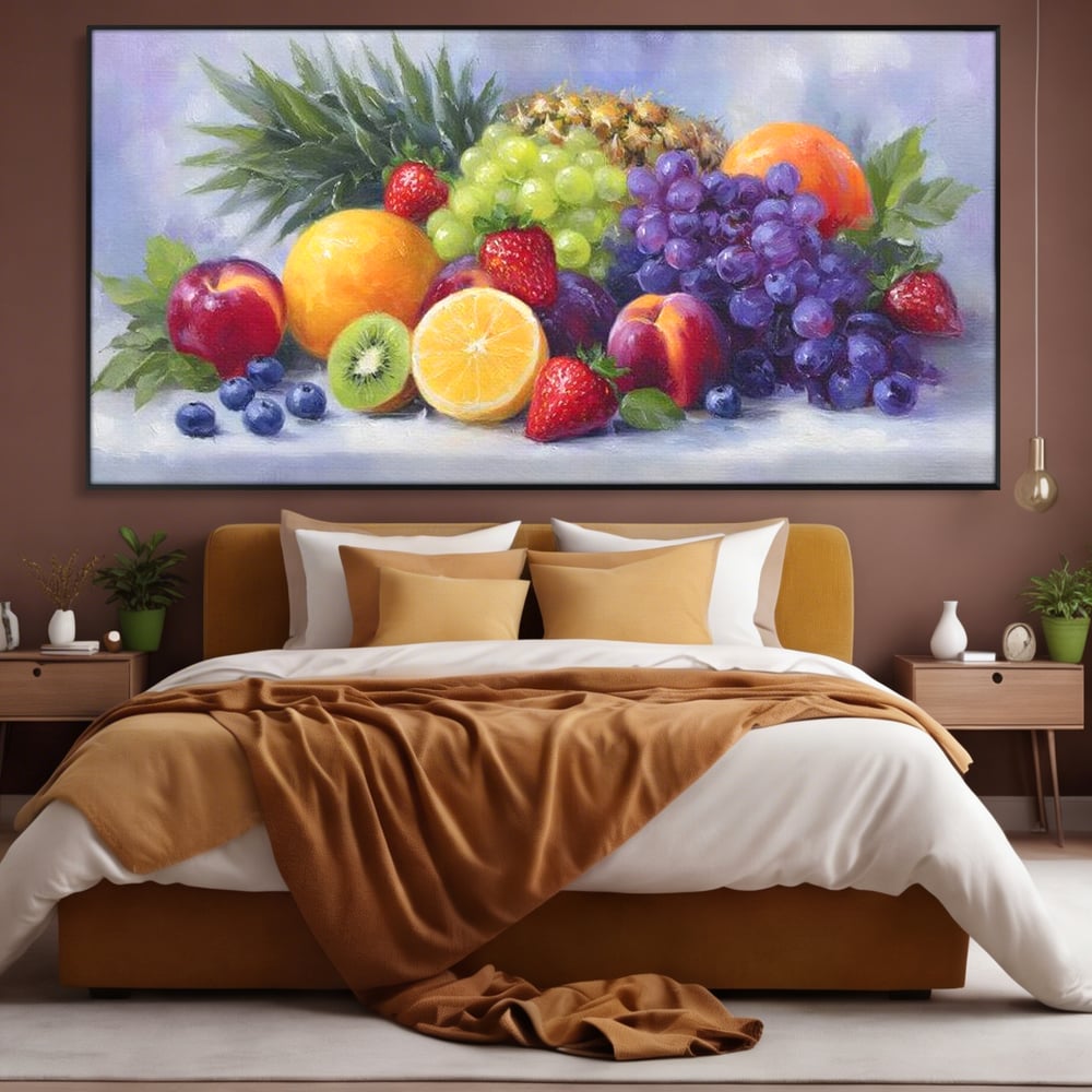 Tablou canvas cu pictura cu cos de fructe, in rama de aluminiu negru, pe perete intr-un dormitor