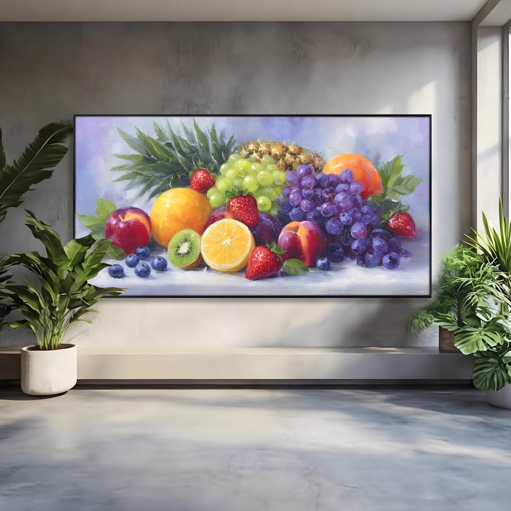 Tablou canvas cu pictura cu cos de fructe, in rama de aluminiu negru
