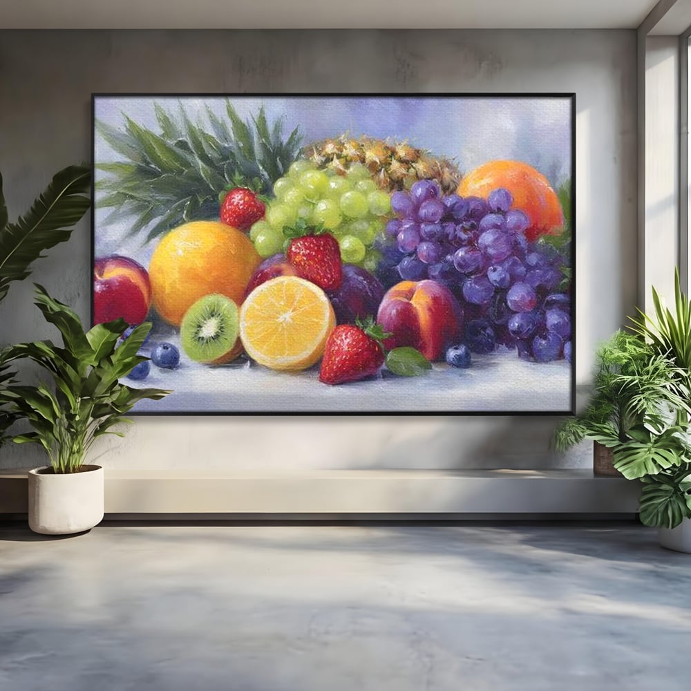 Tablou canvas cu pictura cu cos de fructe, in rama de aluminiu negru