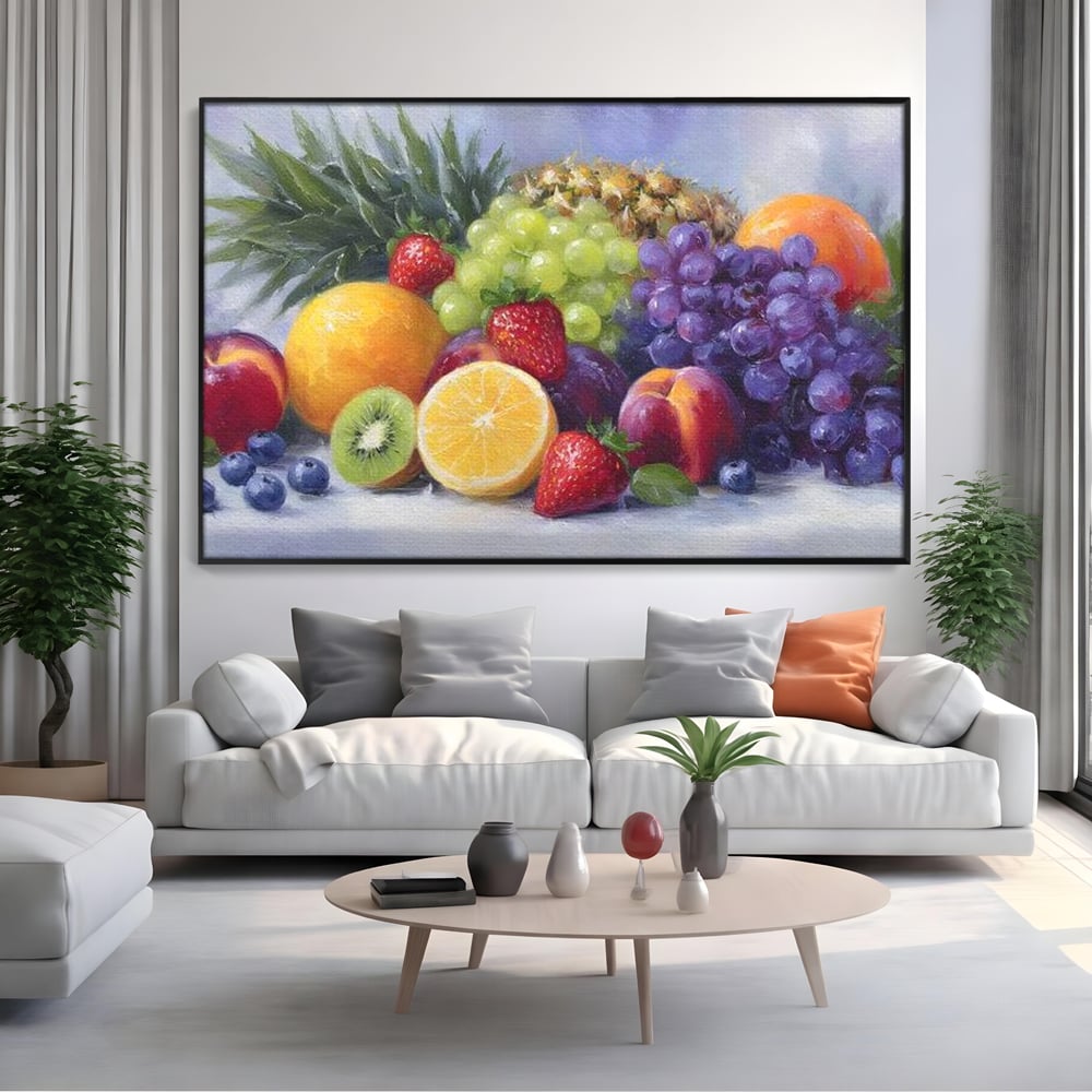Tablou canvas cu pictura cu cos de fructe, in rama de aluminiu negru, pe perete intr-un living