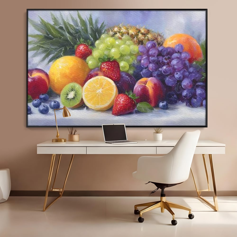 Tablou canvas cu pictura cu cos de fructe, in rama de aluminiu negru, pe perete intr-un birou