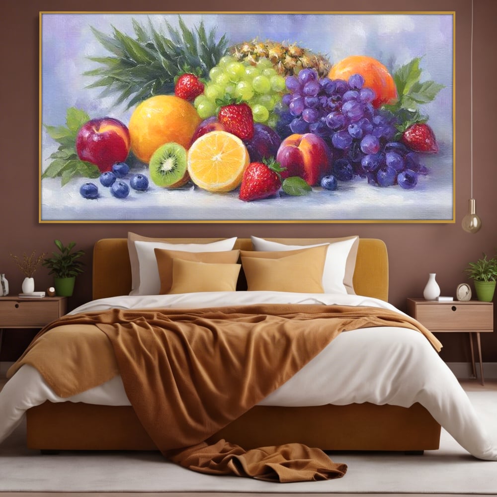 Tablou canvas cu pictura cu cos de fructe, in rama de aluminiu auriu, pe perete intr-un dormitor