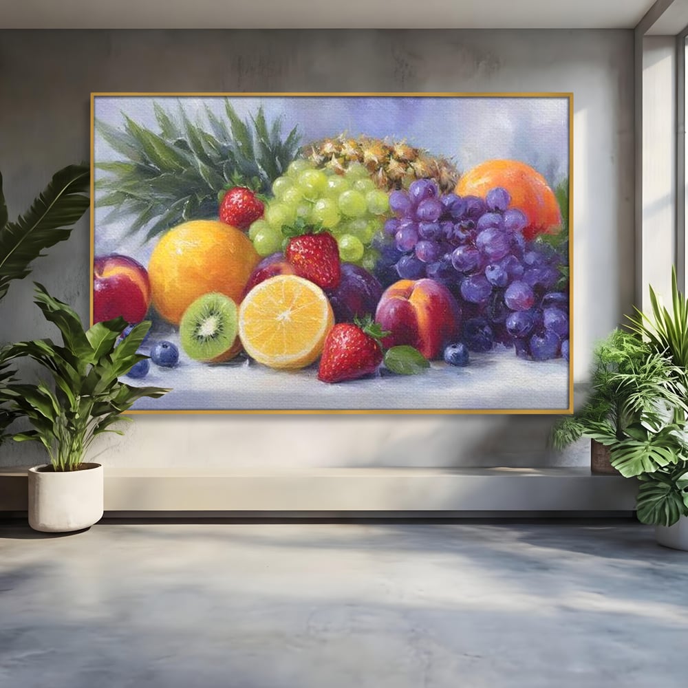 Tablou canvas cu pictura cu cos de fructe, in rama de aluminiu auriu