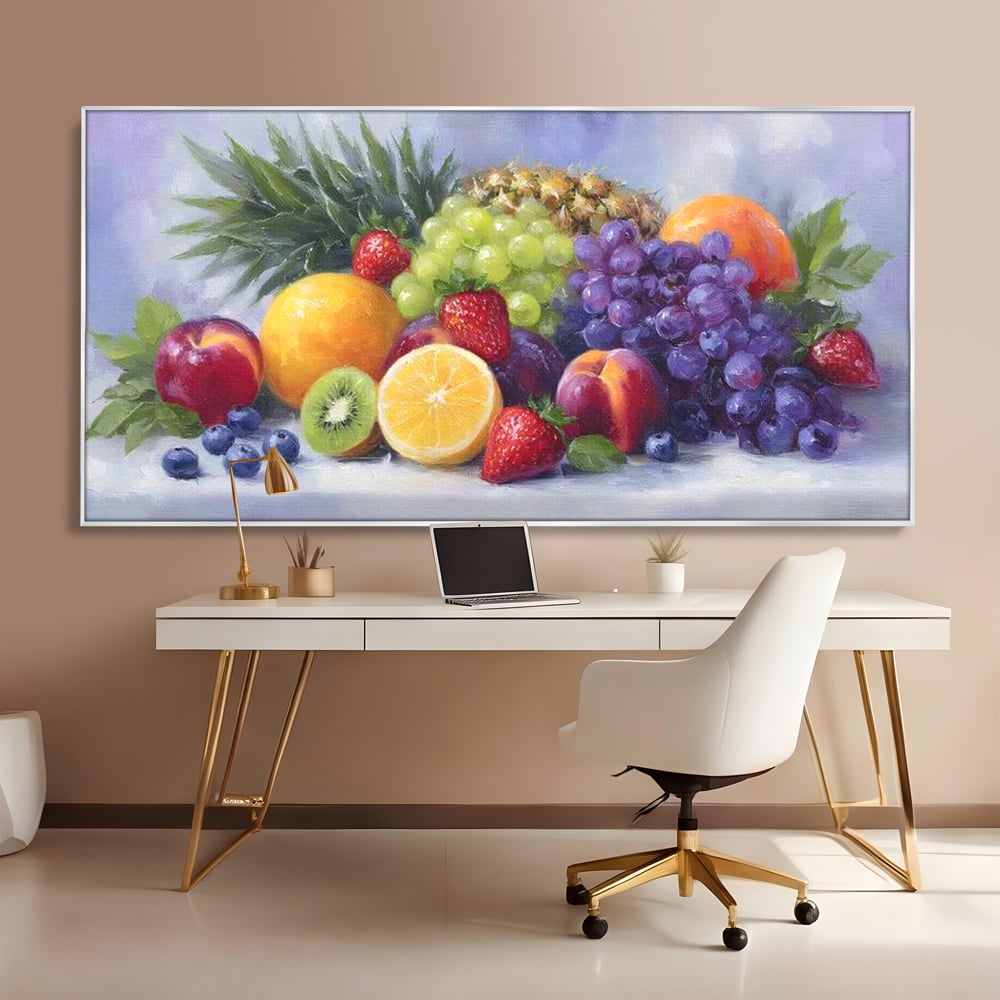 Tablou canvas cu pictura cu cos de fructe, in rama de aluminiu argintiu, pe perete intr-un birou