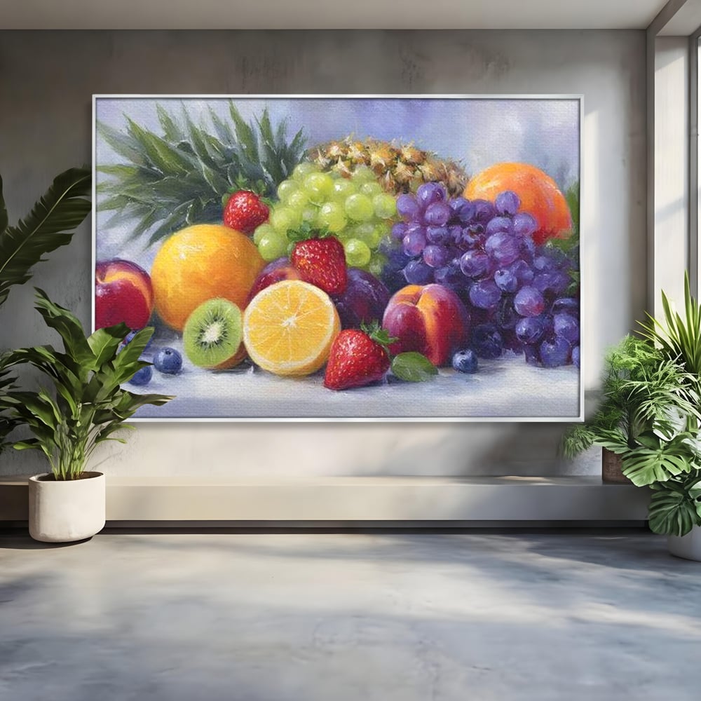 Tablou canvas cu pictura cu cos de fructe, in rama de aluminiu argintiu