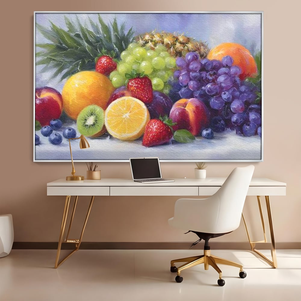 Tablou canvas cu pictura cu cos de fructe, in rama de aluminiu argintiu, pe perete intr-un birou