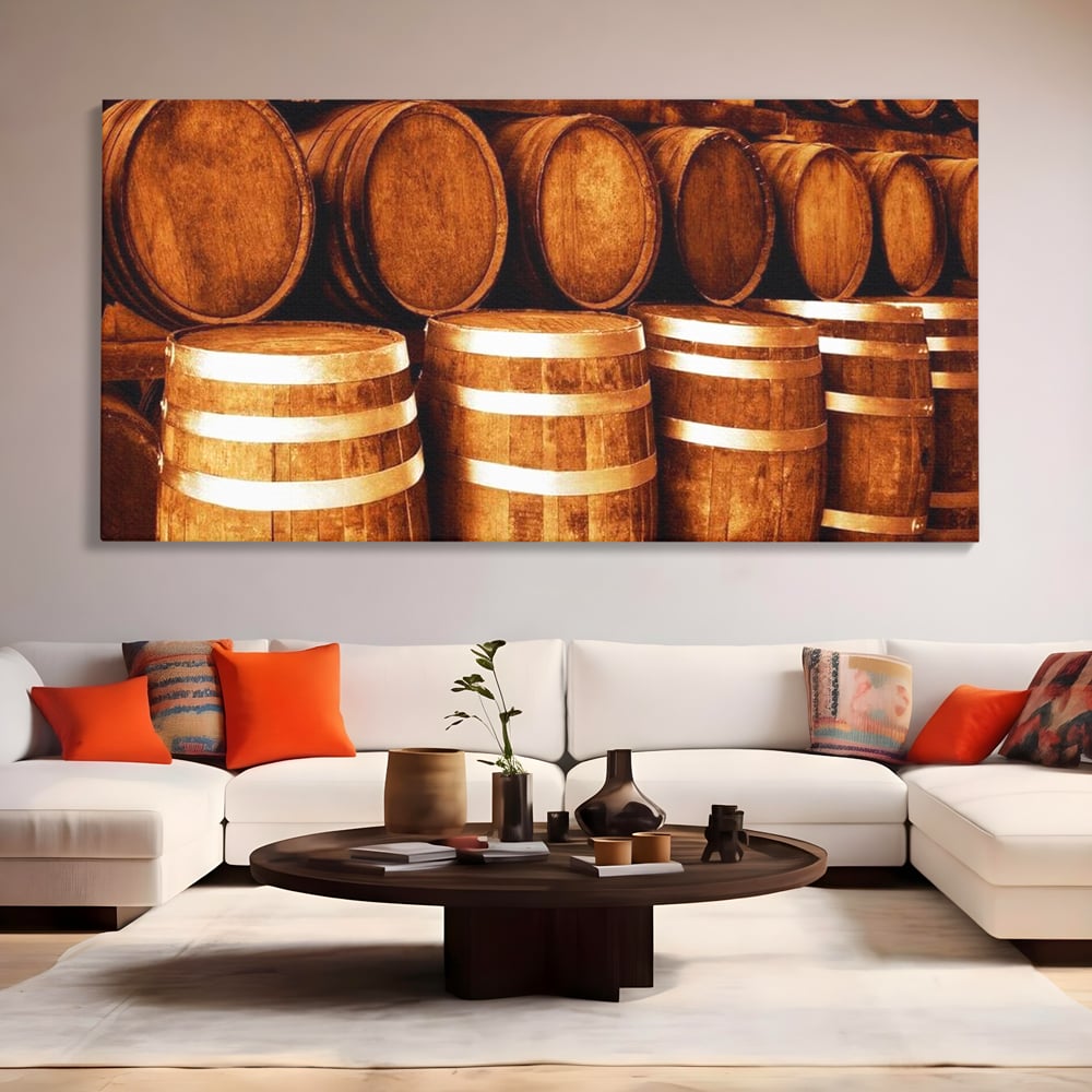 Tablou canvas cu tablou canvas cu butoaie din lemn, fara rama, pe sasiu de lemn, pe perete intr-un living