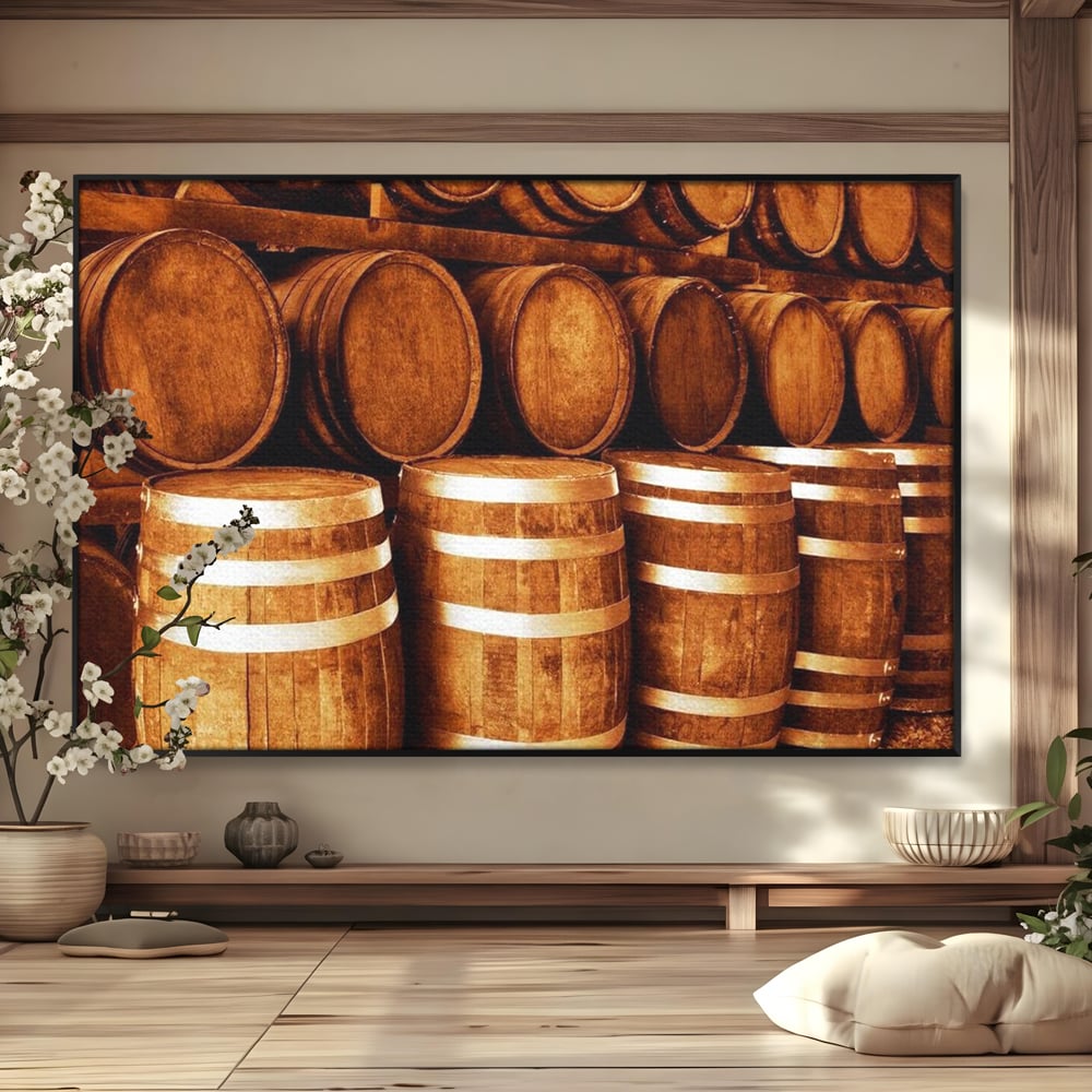 Tablou canvas cu tablou canvas cu butoaie din lemn, in rama de aluminiu negru