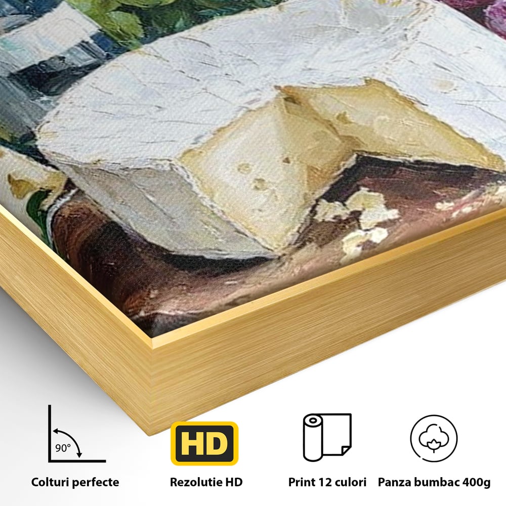 Detaliu al suprafetei: pictura cu sticla de vin si branza, in rama de aluminiu auriu