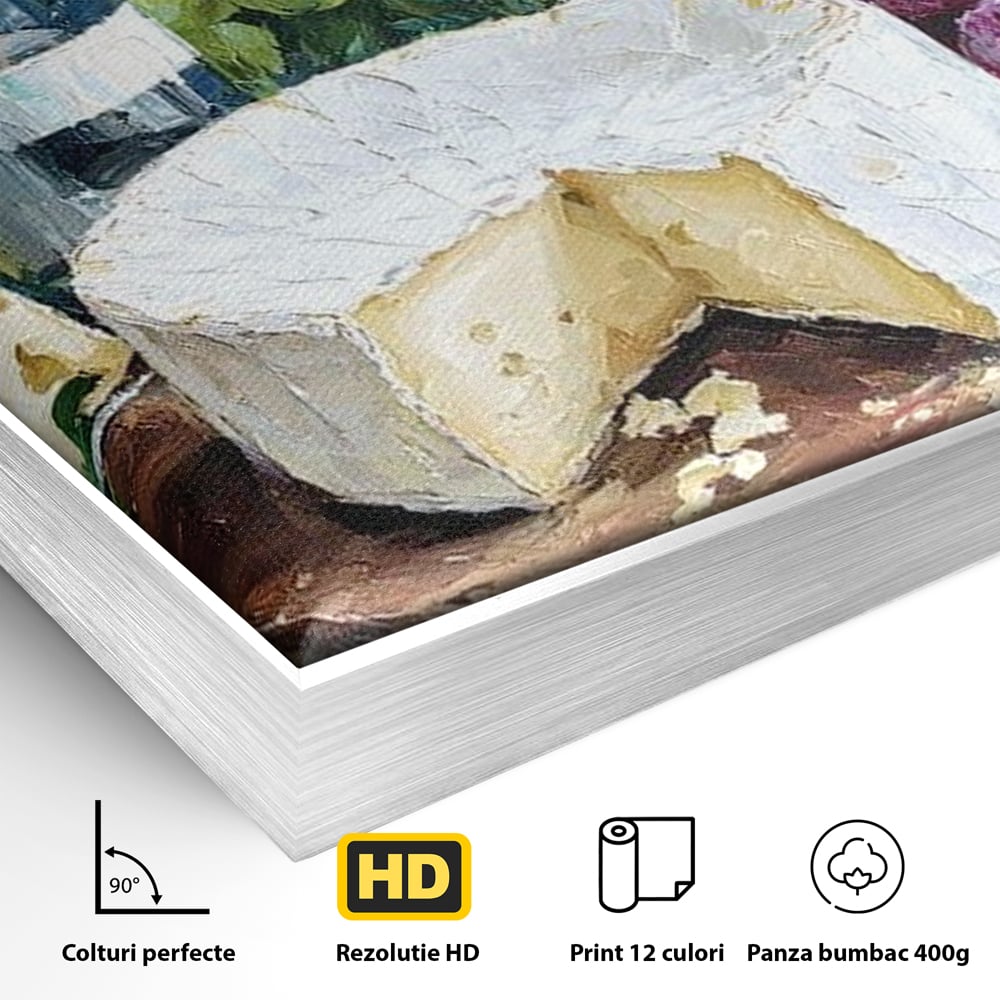 Detaliu al suprafetei: pictura cu sticla de vin si branza, in rama de aluminiu argintiu