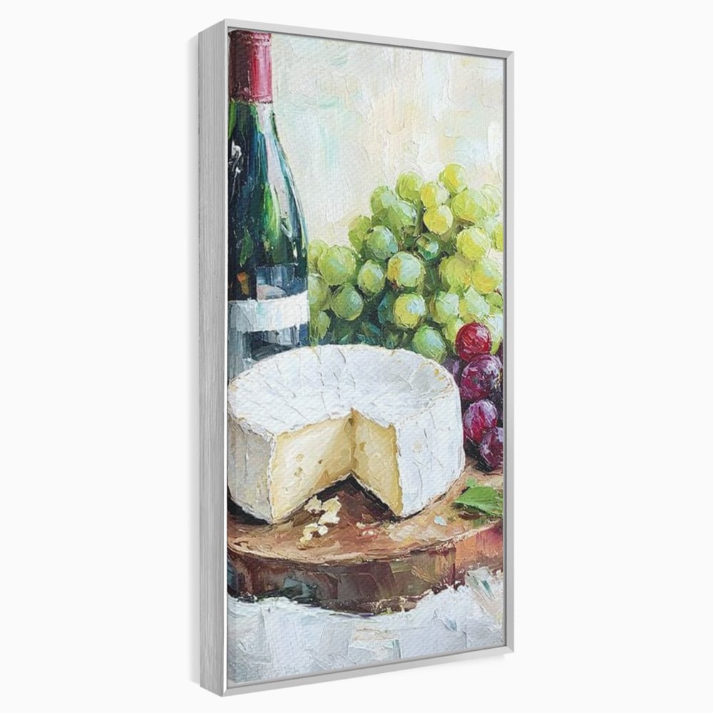 Tablou canvas cu pictura cu sticla de vin si branza, in rama de aluminiu argintiu
